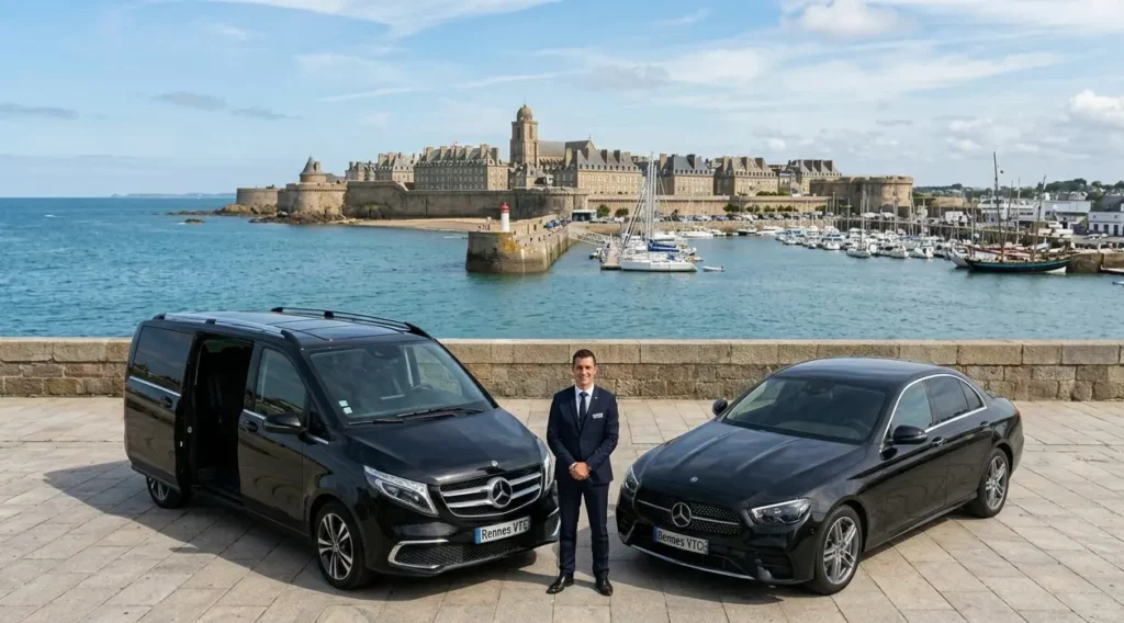 Van et berline Mercedes avec chauffeur en costume devant les remparts de Saint-Malo, excursion privée au départ de Rennes