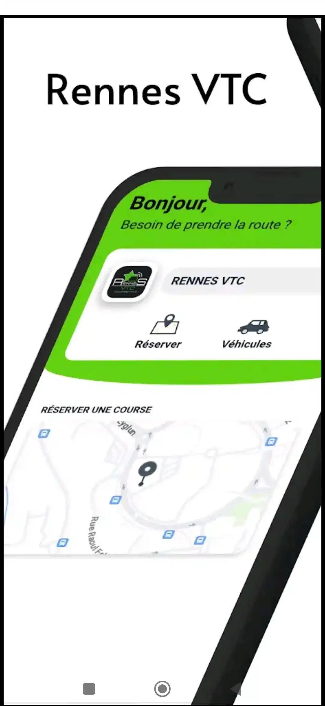 Application Rennes VTC sur mobile, écran d’accueil